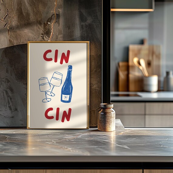 Cin Cin Cheers Blue Wine Bottle Fun Glasses Bar Cart Art Poster