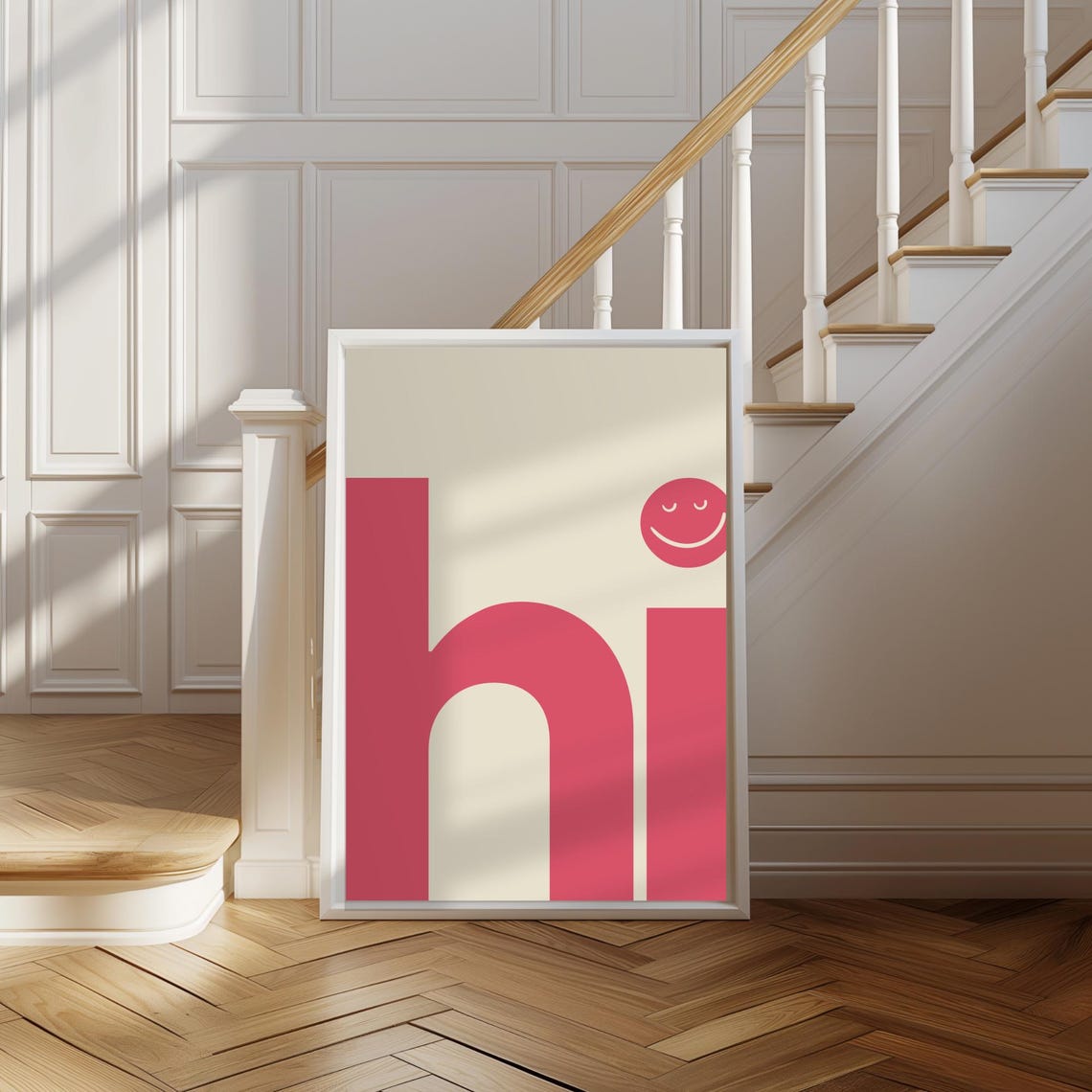 Hi Pink Smiley Face Modern Bold Typography Fun Entryway Poster - Image 2