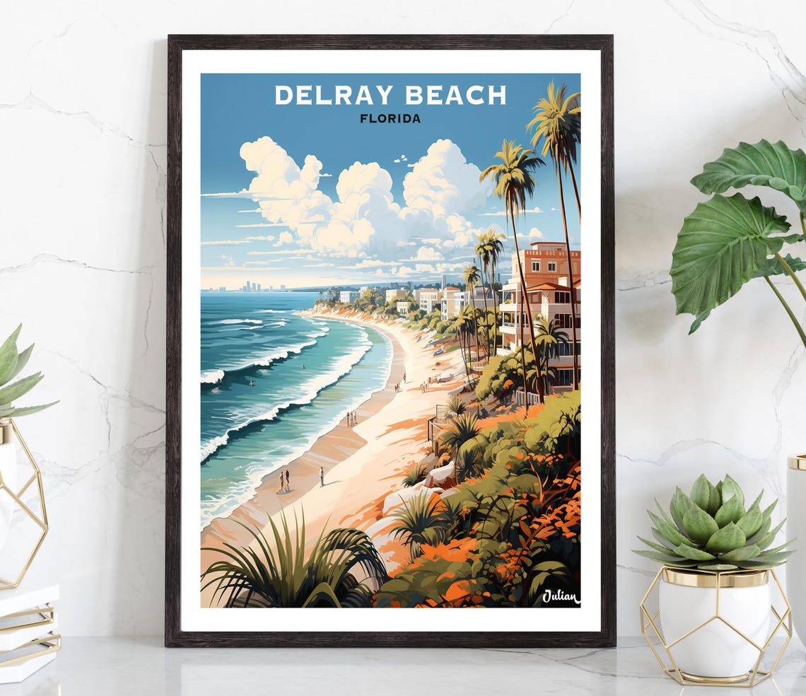 Delray Beach Curved Coastal Shoreline Sunny Florida Travel Poster