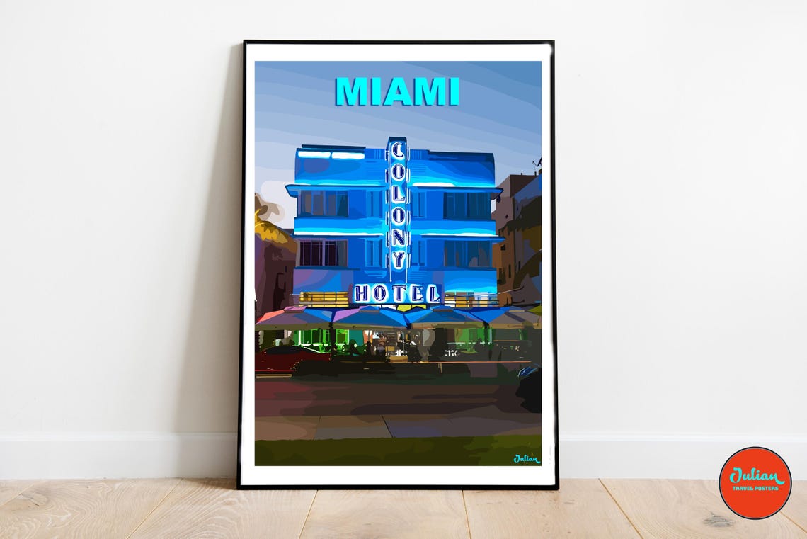 Miami Historic Colony Hotel Neon Nights Art Deco Landmark Poster