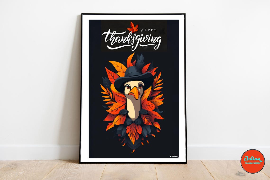 Happy Thanksgiving Turkey in Pilgrim Hat Among Fall Leaves Poster