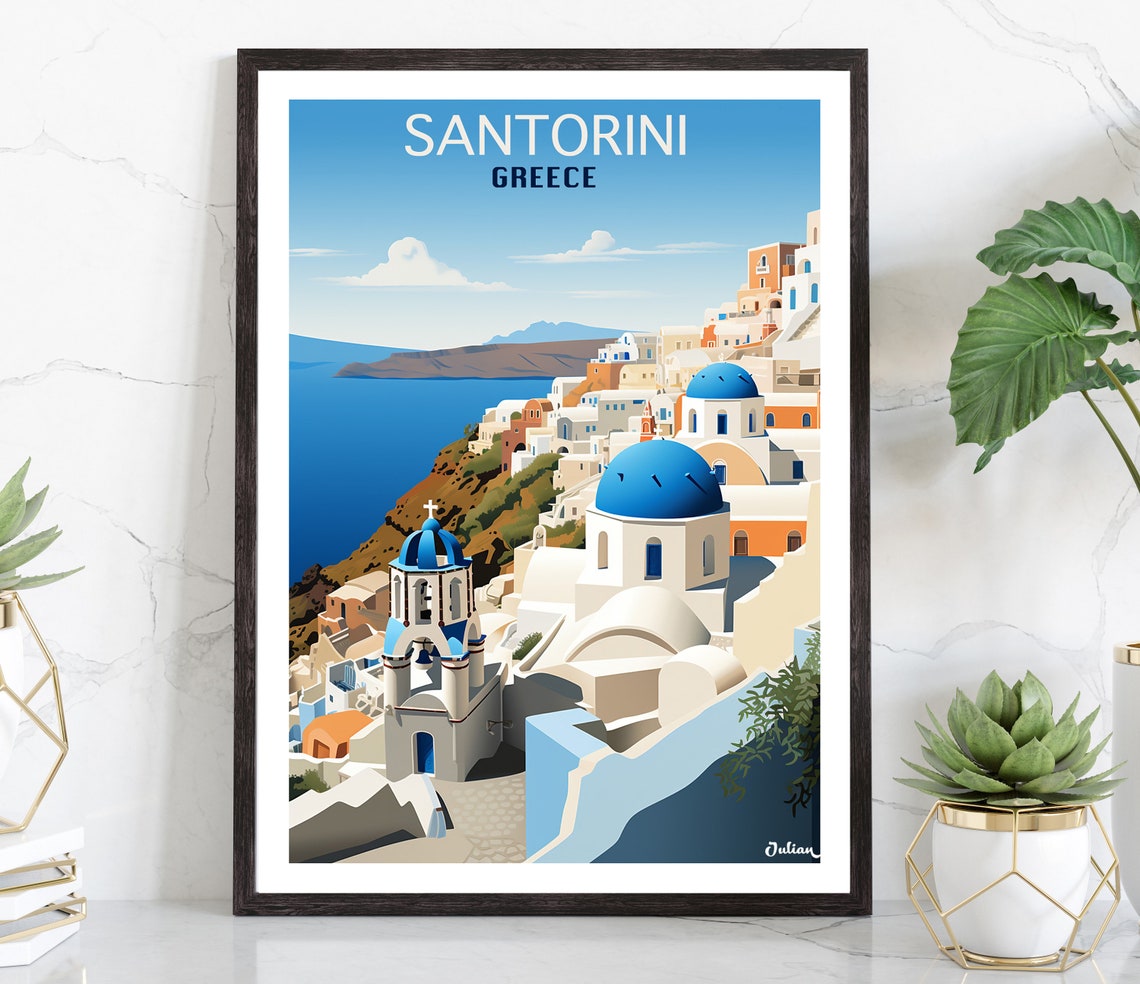 Santorini Greece Blue Domes Cliffside Caldera View Travel Poster