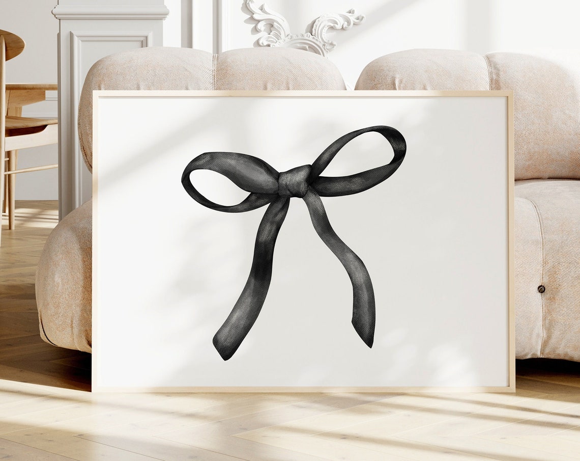 Elegant Black Ribbon Bow Horizontal Hand Drawn Watercolor Poster