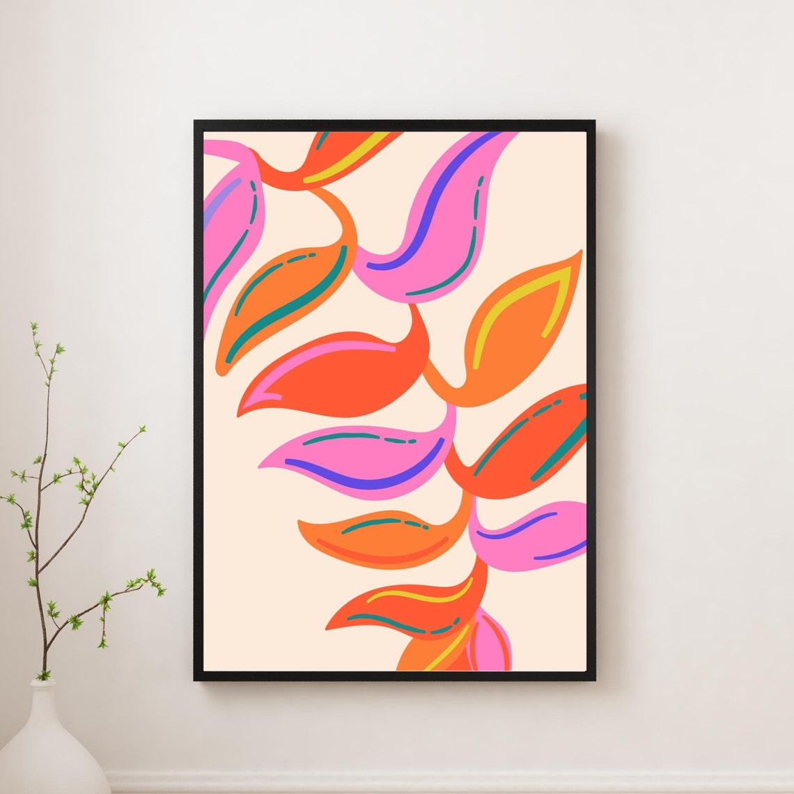 Vibrant Abstract Orange Pink Flowing Leaves Modern Poster Art