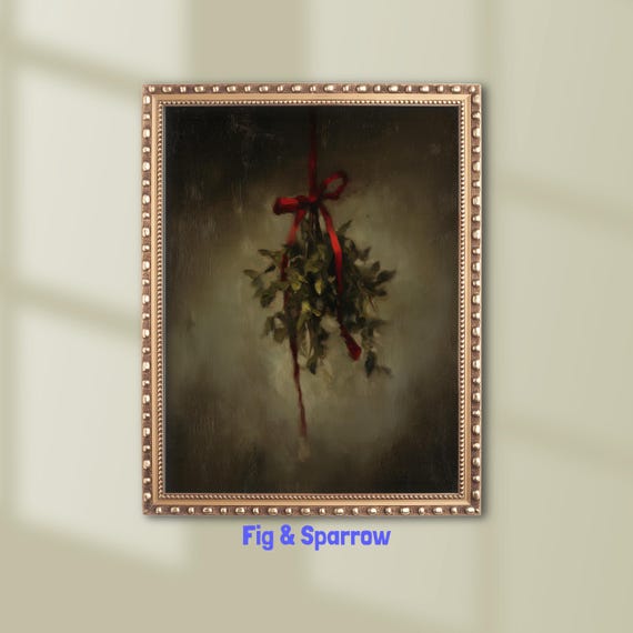 Dark Moody Vintage Hanging Mistletoe Red Ribbon Holiday Wall Art