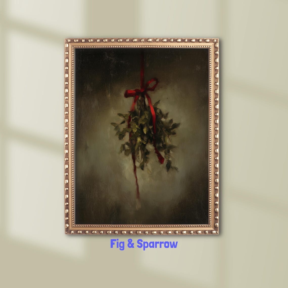 Dark Moody Vintage Hanging Mistletoe Red Ribbon Holiday Wall Art