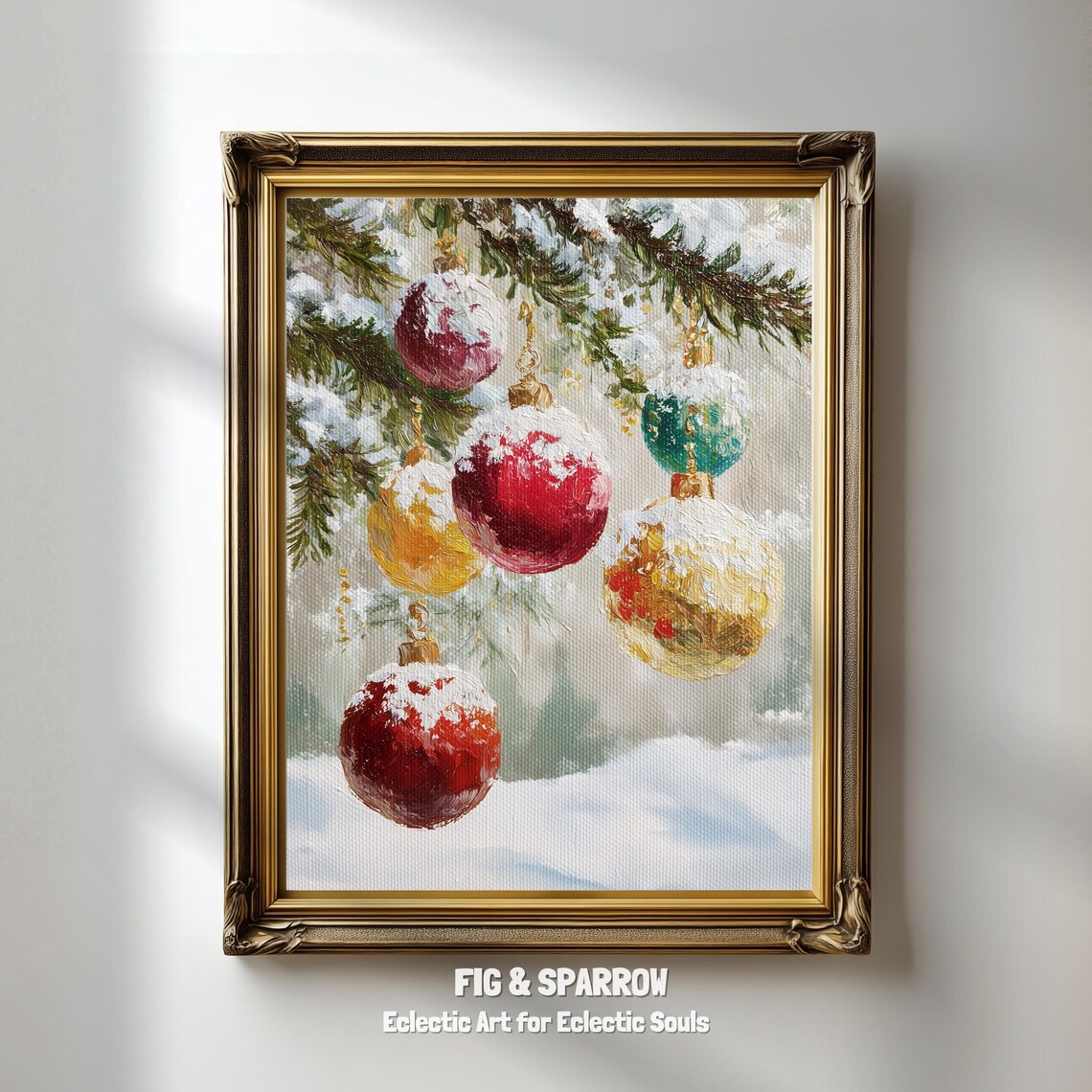 Vintage Christmas Ornaments Oil Painting Snowy Baubles Holiday Poster