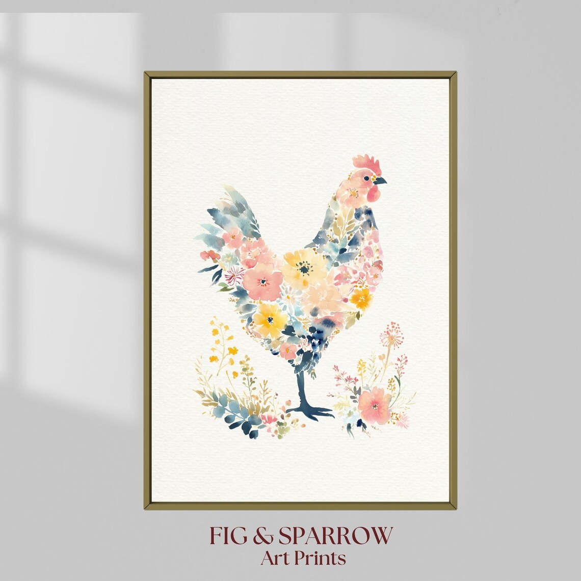 Floral Hen Watercolor Pastel Flower Blooms Farmhouse Kitchen Art Print