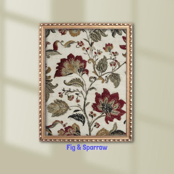 Burgundy Floral Tapestry Vintage Botanical Art Old World Decor Poster