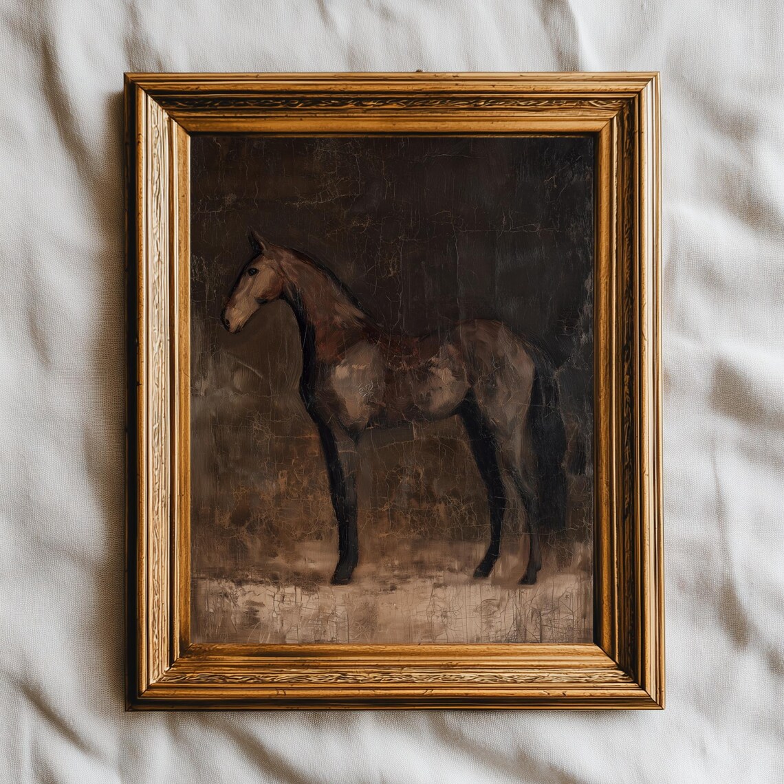 Moody Dark Horse Painting Vintage Cracked Oil Style Rustic Equestrian Poster
