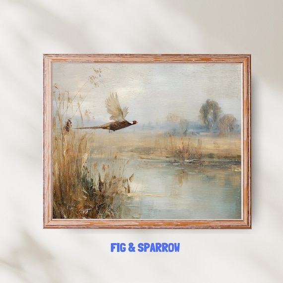 Pheasant Art Print Rustic Autumn Marsh Landscape