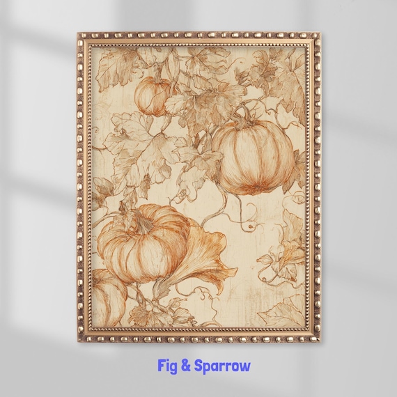 Vintage Pumpkin Botanical Print Rustic Farmhouse Autumn Decor