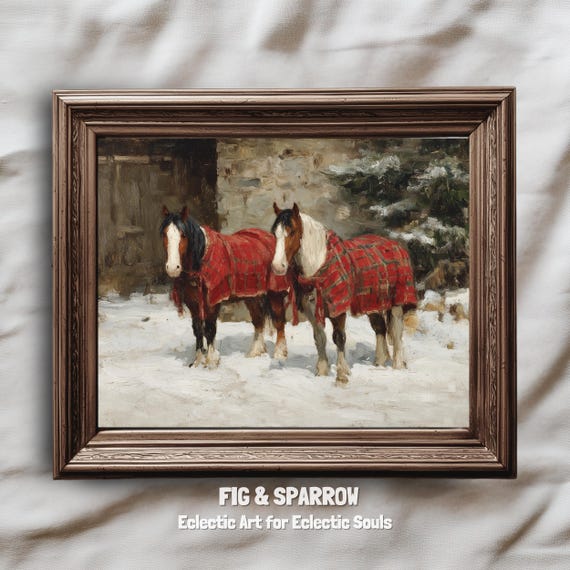 Winter Horses in Red Plaid Blankets Snowy Farmhouse Christmas Wall Art