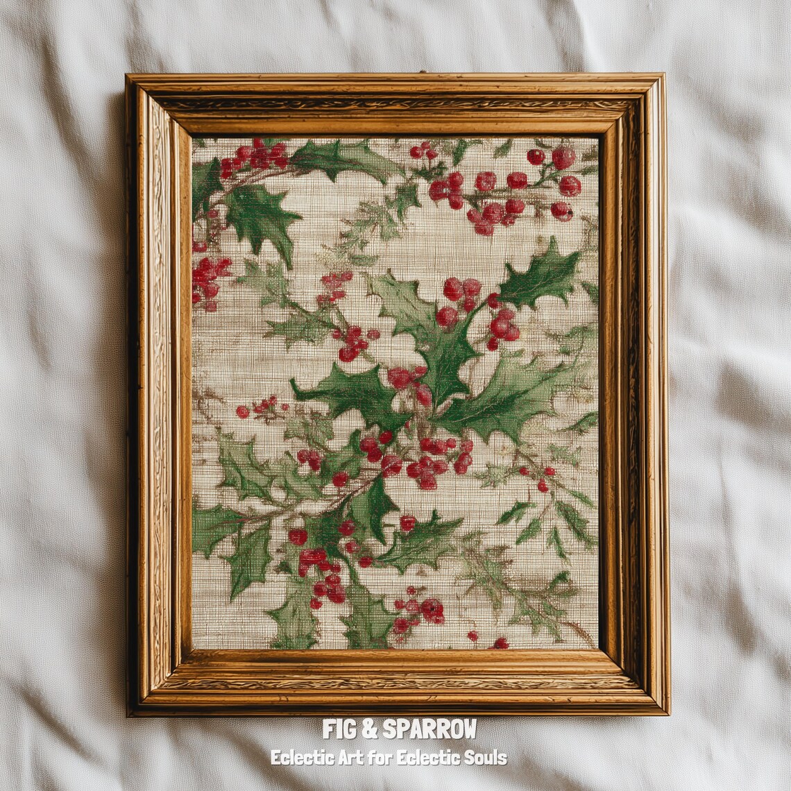Vintage Christmas Tapestry Rustic Holly Holiday Wall Art Old World Botanical Decor
