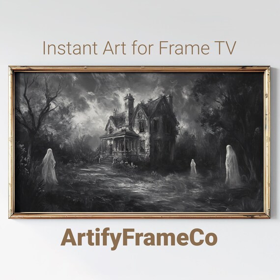 Haunted Mansion With Ghosts Black and White Monochrome Vintage Halloween Wall Art