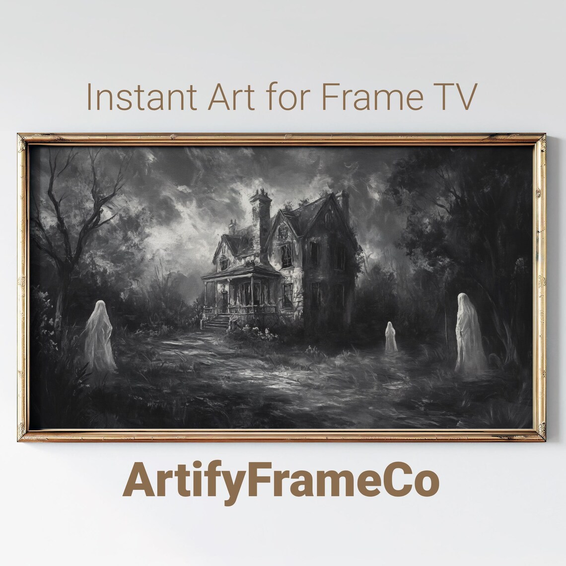 Haunted Mansion With Ghosts Black and White Monochrome Vintage Halloween Wall Art