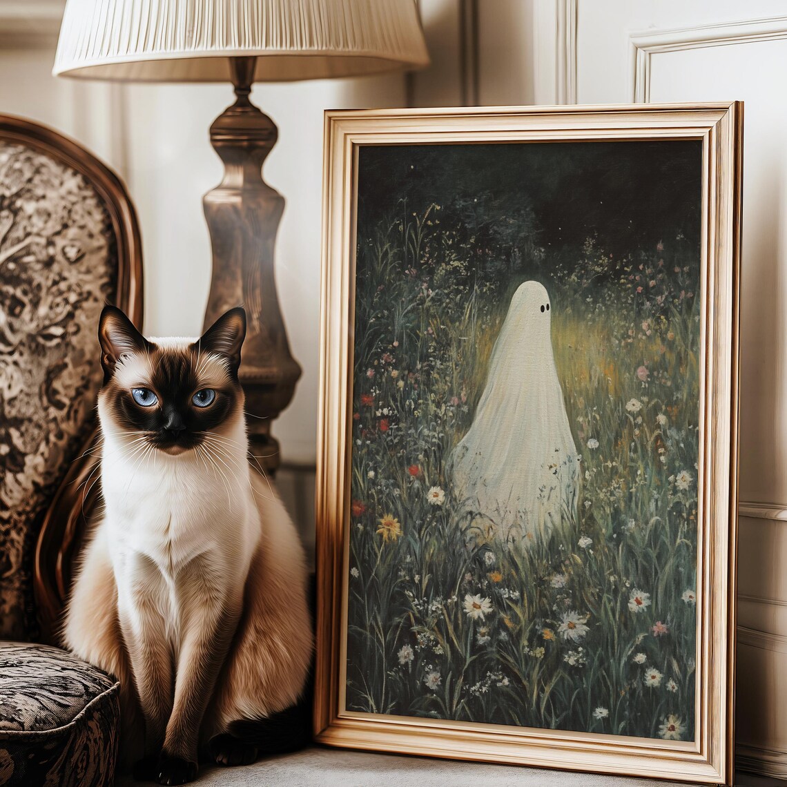 Ghost in a Wildflower Meadow at Night Vintage Halloween Oil Painting Wall Art - Image 3