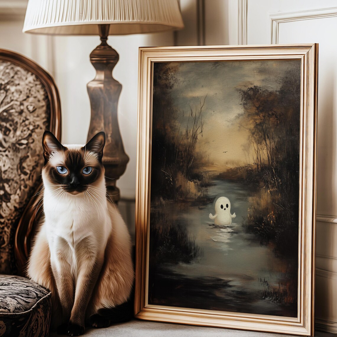 Lonely Ghost Standing In Misty River Dark Moody Oil Painting Poster - Image 3
