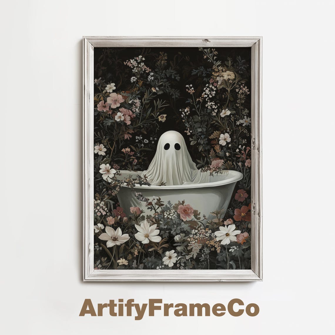Ghost In Bathtub With Flowers Art Spooky Halloween Decor Gothic Painting Cute Ghost Print Bathroom Decor