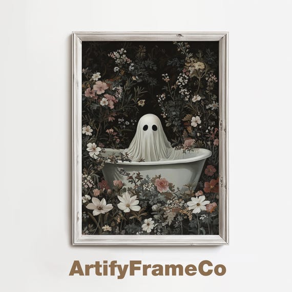 Ghost In Bathtub With Flowers Art Spooky Halloween Decor Gothic Painting Cute Ghost Print Bathroom Decor