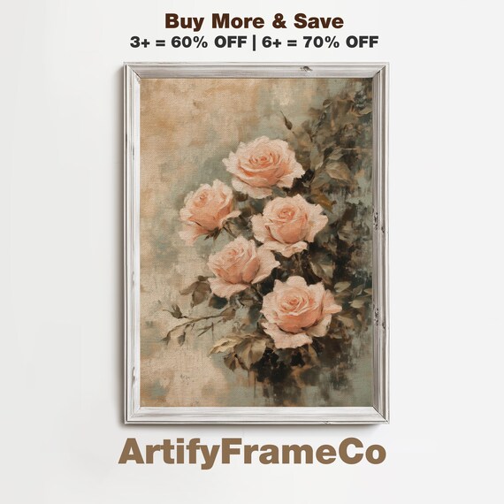 Renaissance Rose Reverie Wall Art Soft Pink Sage Vintage Style Living Room Year Round Moody Floral Painting