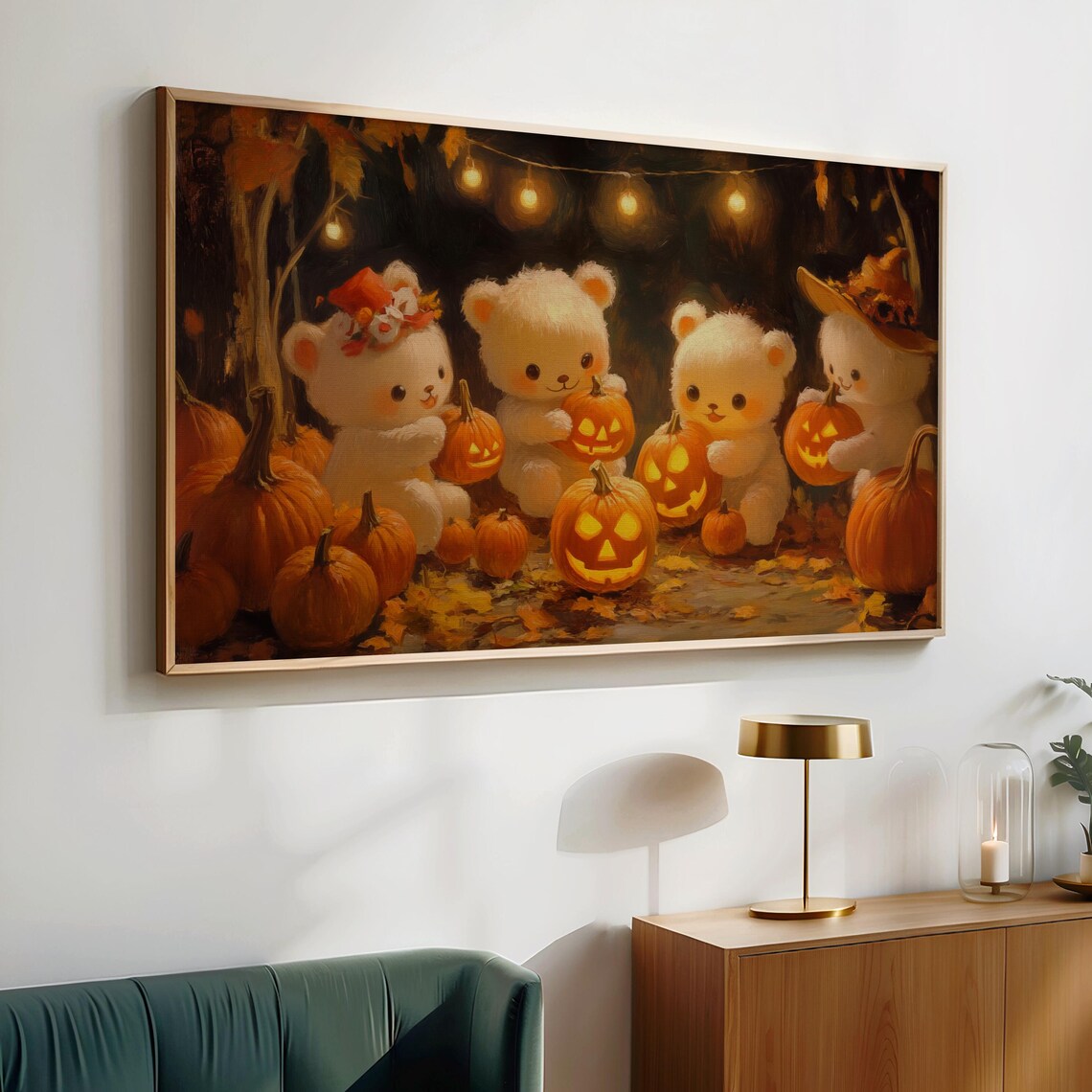 Four Cute Teddy Bears Holding Jack O Lanterns Under String Lights Poster - Image 4