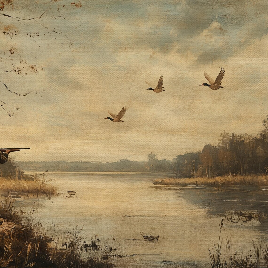 Vintage Hunting Scene Art Print, Flying Ducks - Image 4