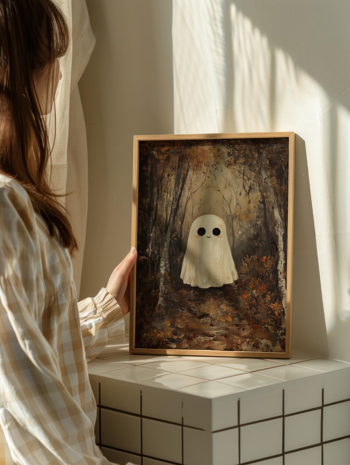 Smiling Ghost in a Dark Autumn Forest Whimsical Vintage Halloween Wall Art - Image 2