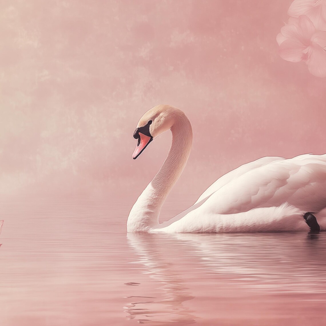 White Swan on Blush Pink Lake Lotus Flowers Nature Art Poster - Image 4