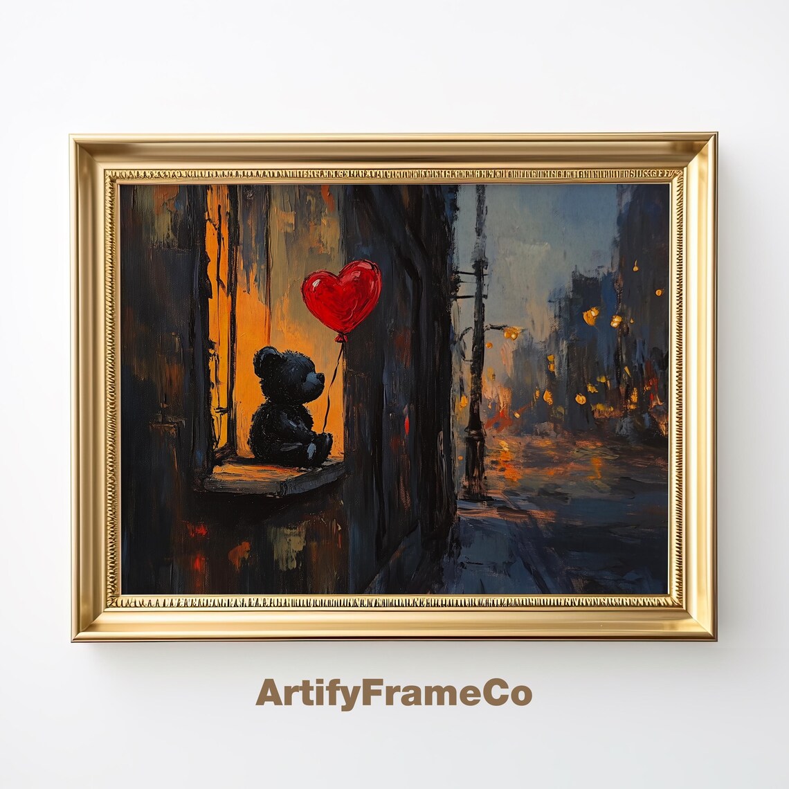 Teddy Bear Holding Red Heart Balloon Rainy Night Street Vintage Poster