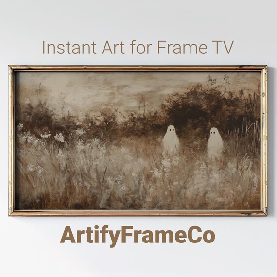 Two Small Ghosts in Tall Autumn Grass Sepia Vintage Halloween Wall Art