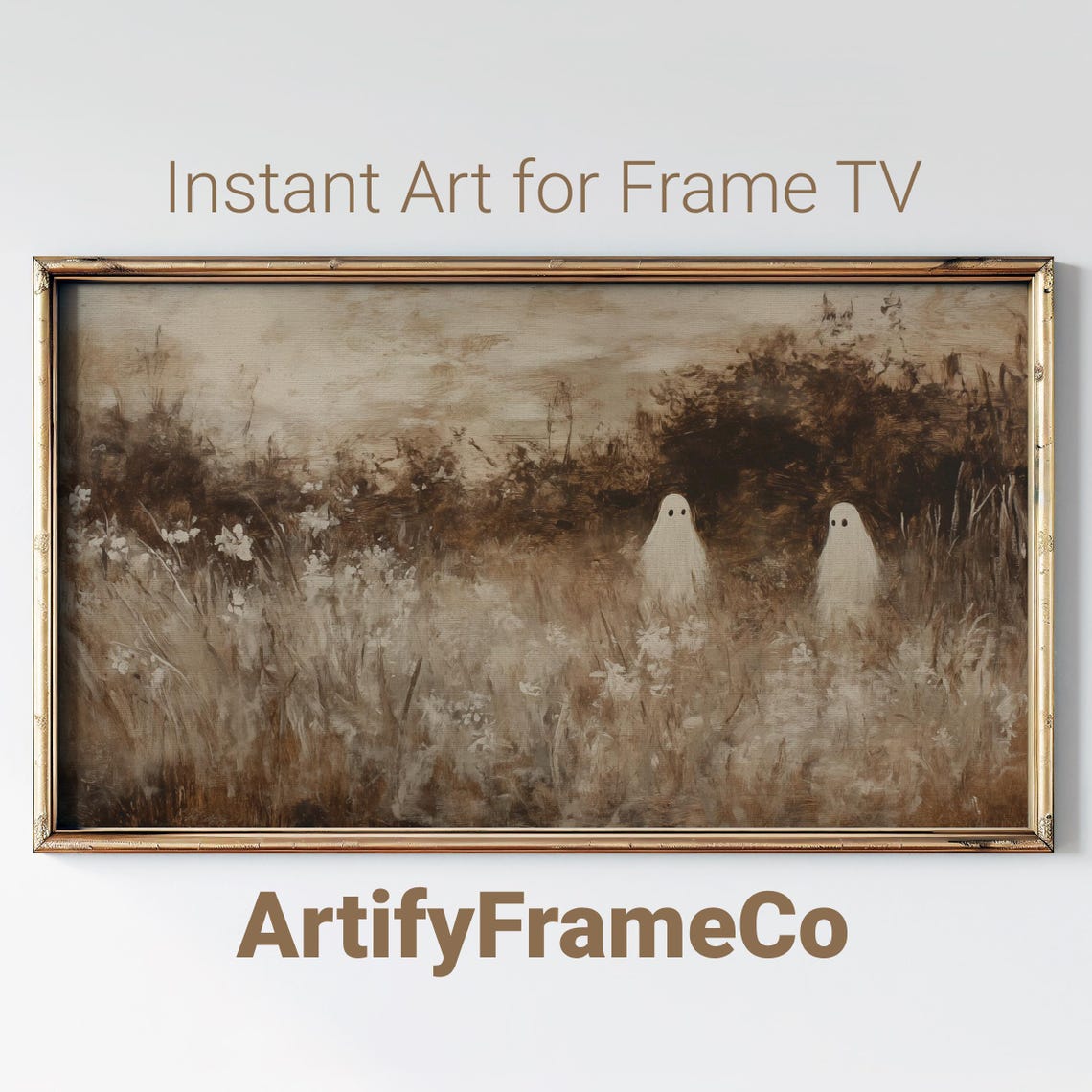 Two Small Ghosts in Tall Autumn Grass Sepia Vintage Halloween Wall Art