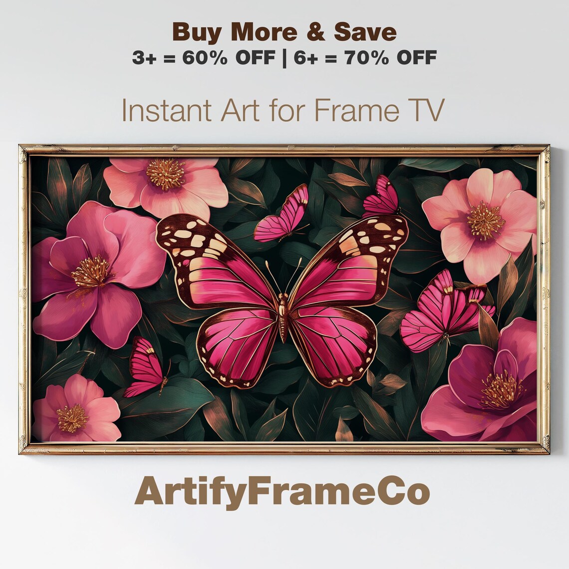Pink Butterflies and Blossoms Dark Botanical Glam Garden Art Poster