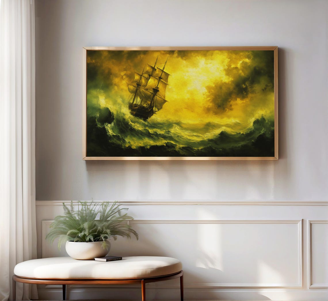 Tall Ship on Golden Storm Waves Dramatic Seascape Vintage Oil Poster - Image 3