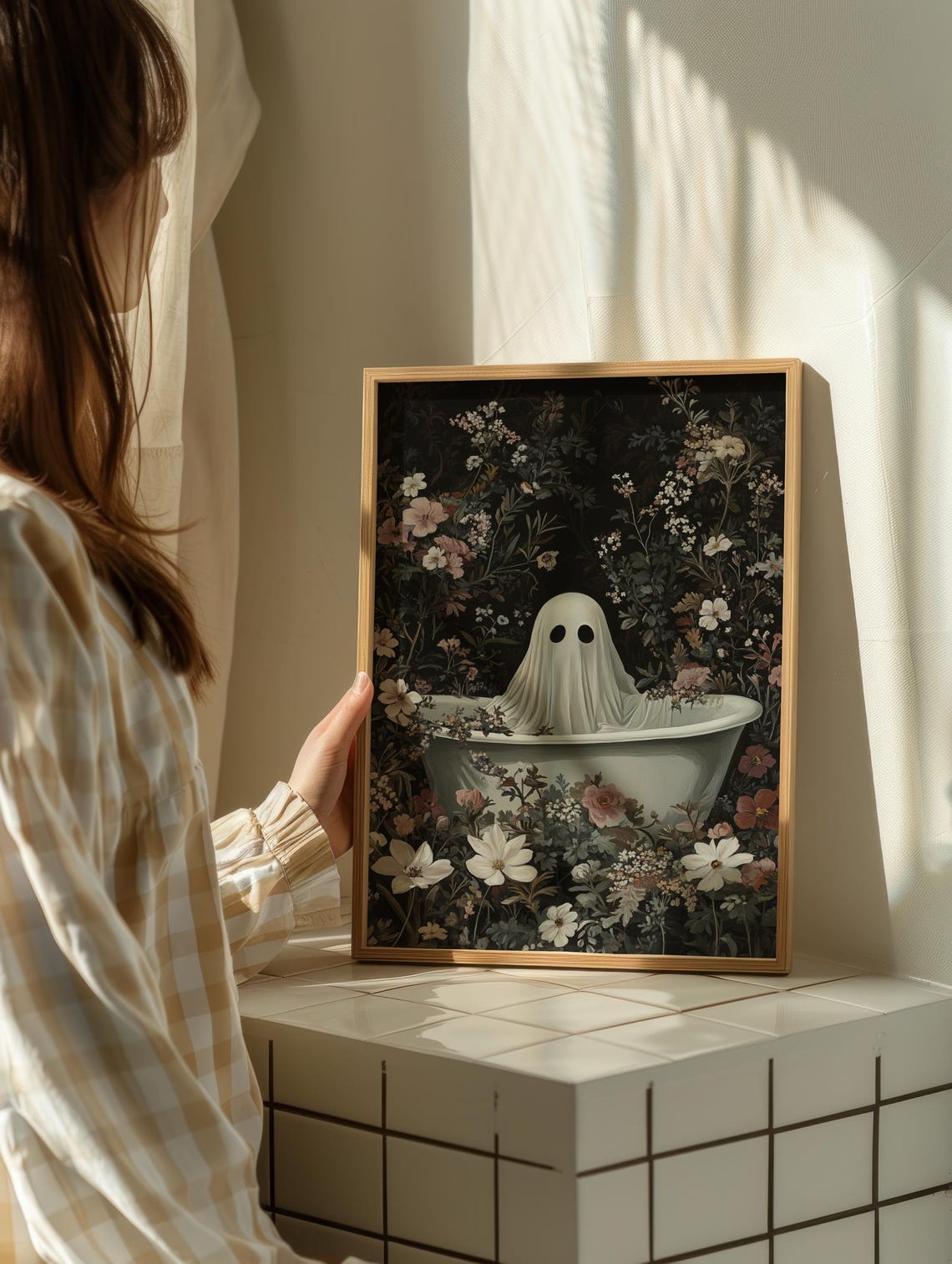 Ghost In Bathtub Surrounded By Dark Gothic Floral Art Poster - Image 2