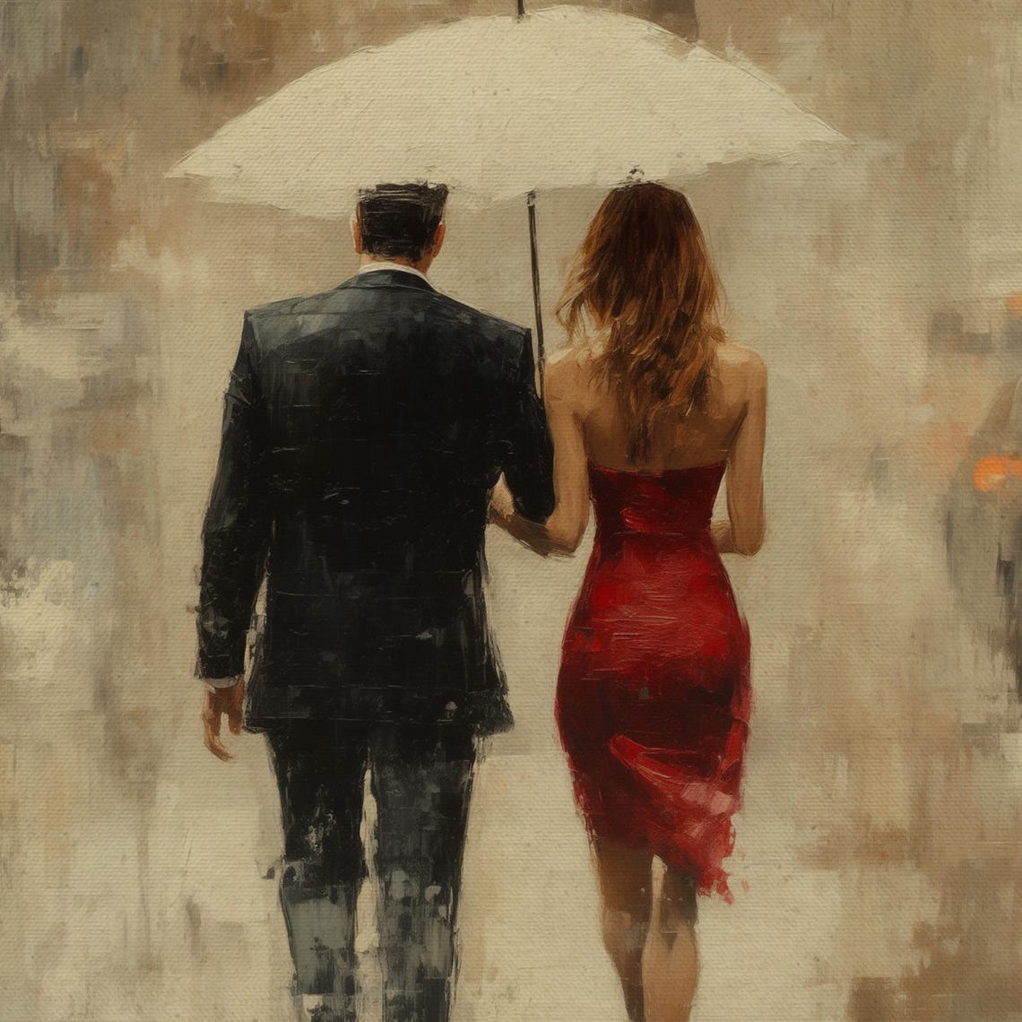 Couple Walking Away Under Umbrella Rainy City Beige Romantic Poster - Image 4
