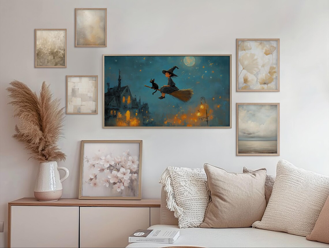 Young Witch and Black Cat Flying on a Broom Under the Moon Halloween Wall Art - Image 2