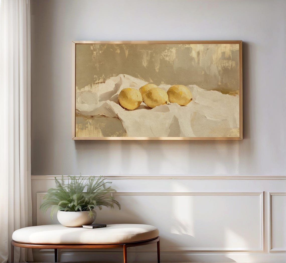 Three Lemons White Cloth Simple Kitchen Still Life Painting Poster - Image 3