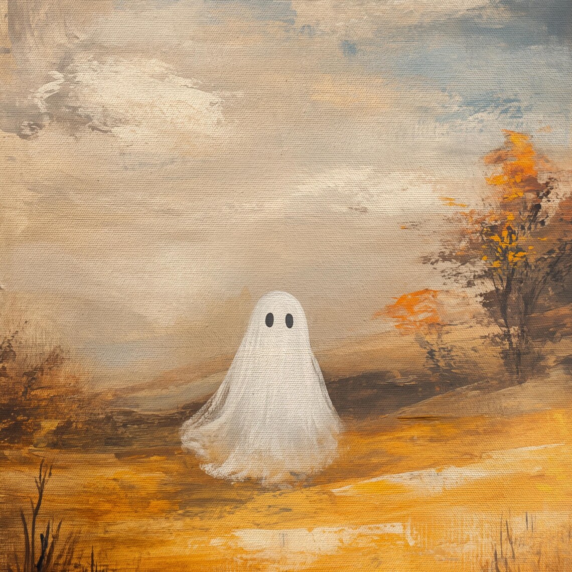 Lonely Ghost in a Golden Autumn Field Vintage Oil Painting Style Wall Art - Image 4