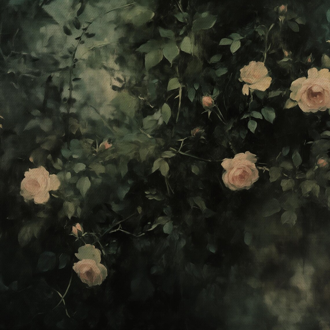 Moody Wild Roses And Ivy Dark Green Vintage Botanical Oil Painting Art Print - Image 4
