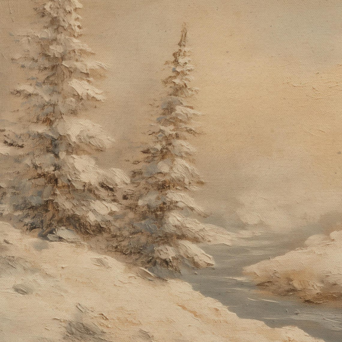 Snowy Pine Trees Misty Lakeside Winter Oil Painting Style Poster - Image 4