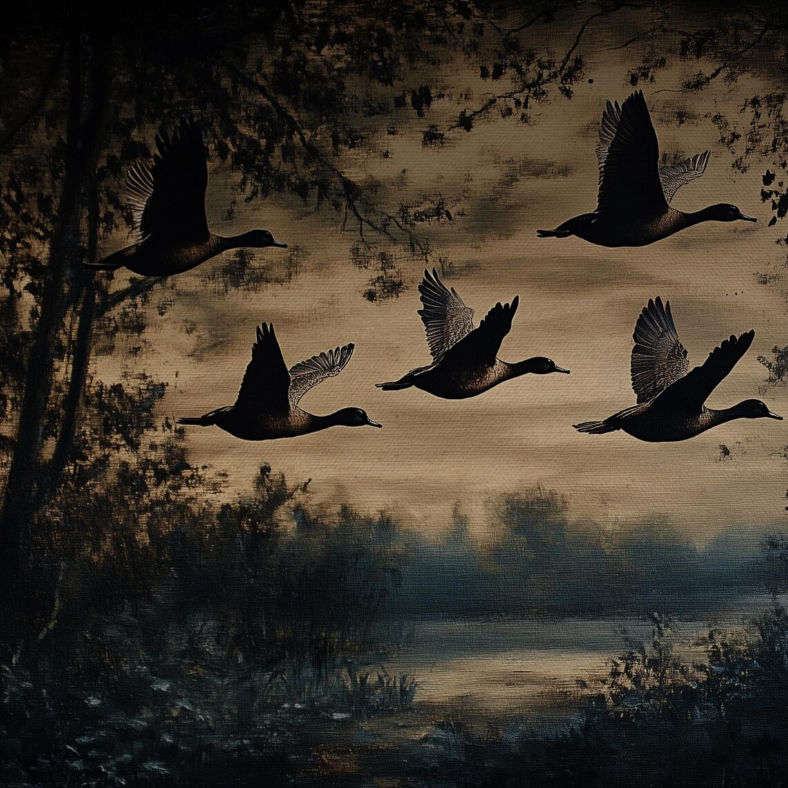 Dark Moody Flying Ducks Silhouette At Night Forest Lake Wall Art Poster - Image 4