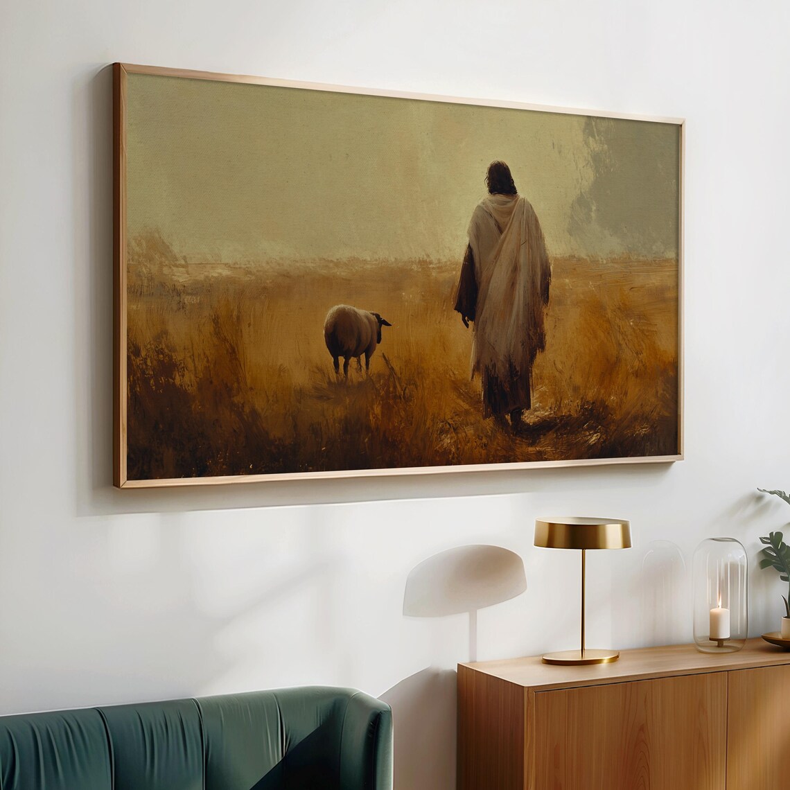Jesus the Good Shepherd Walking Golden Wheat Field Rustic Painting Poster - Image 2