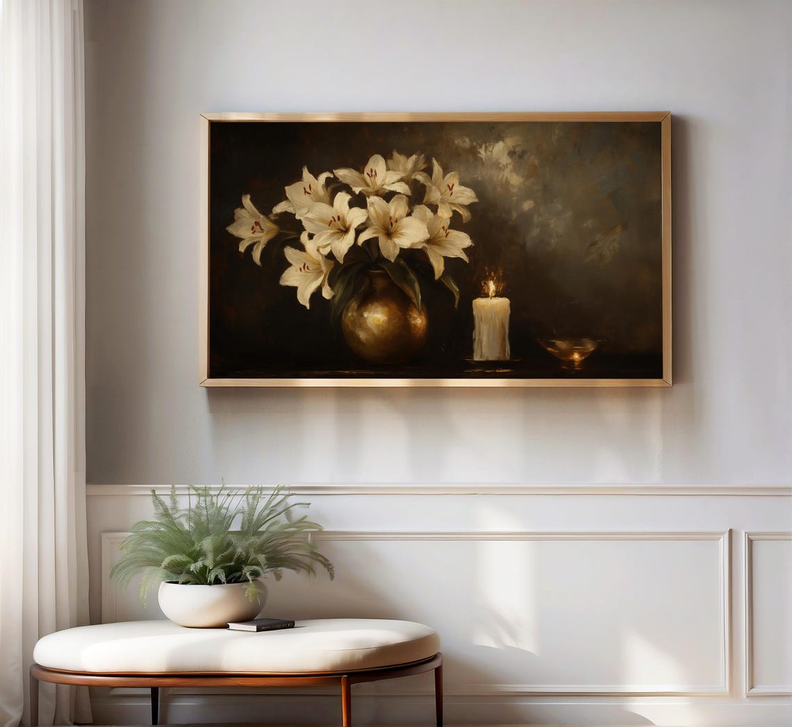 White Lilies Brass Pot Lit Candle Dark Classical Still Life Poster - Image 3