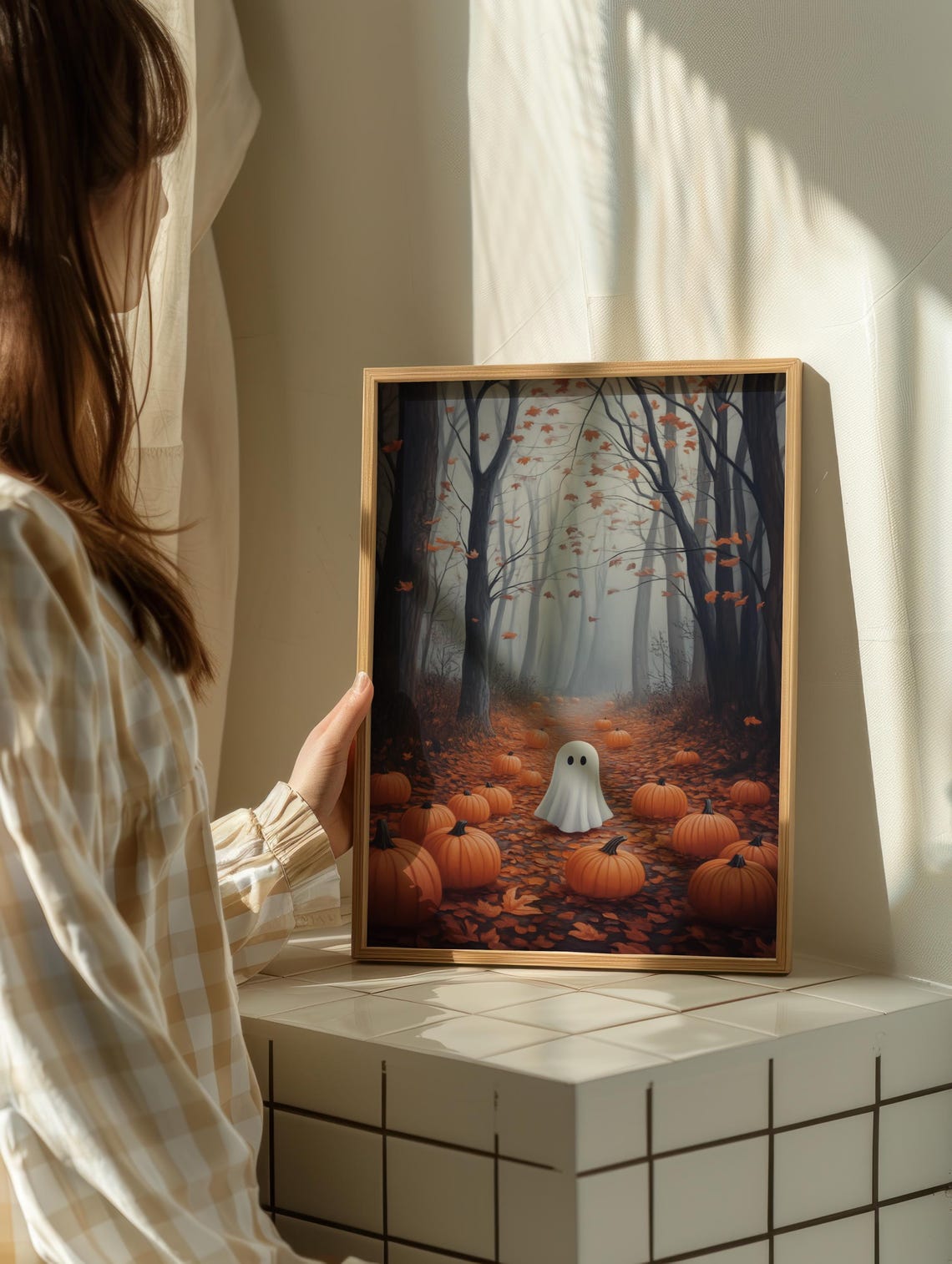 Cute Ghost With Pumpkins In Woods Art Spooky Halloween Decor Vintage Ghost Painting Dark Academia Home Decor - Image 2