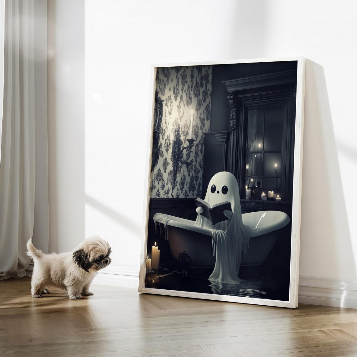 Cute Ghost Reading In Gothic Bathroom Art Spooky Halloween Decor Dark Academia Print Vintage Ghost Painting - Image 3