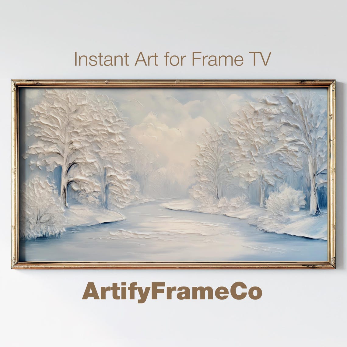 Frosted Winter Trees Frozen River Textured Impasto Painting Poster