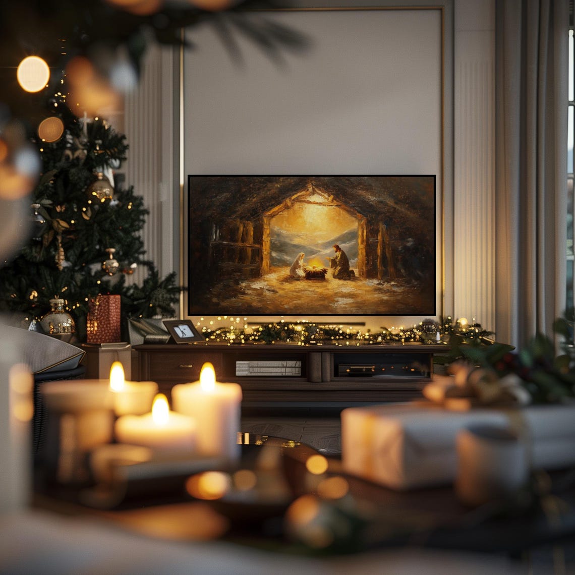 Nativity Scene in Rustic Stable Warm Golden Light Christmas Poster - Image 3