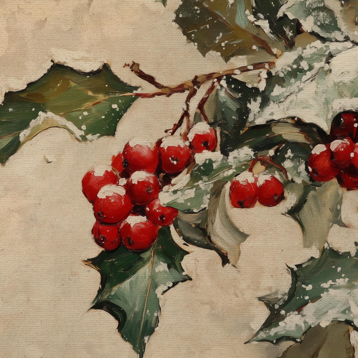 Snowy Holly Leaves Red Berries Frosted Winter Botanical Art Poster - Image 4
