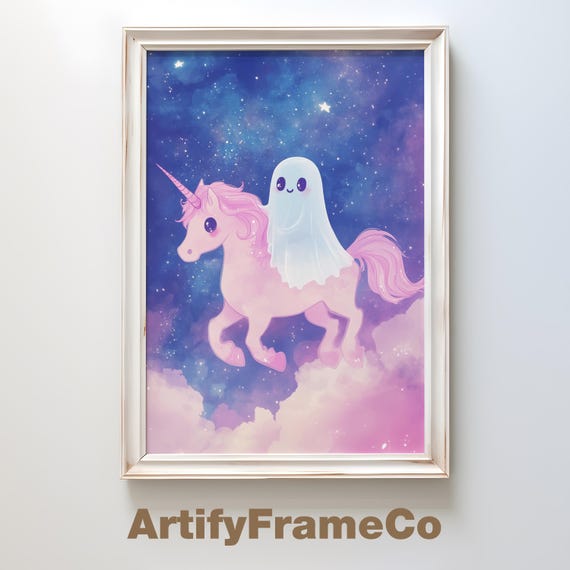 Cute Ghost Riding Unicorn Art Kawaii Halloween Decor Whimsical Pastel Wall Art Trendy Decor Kids Room Decor